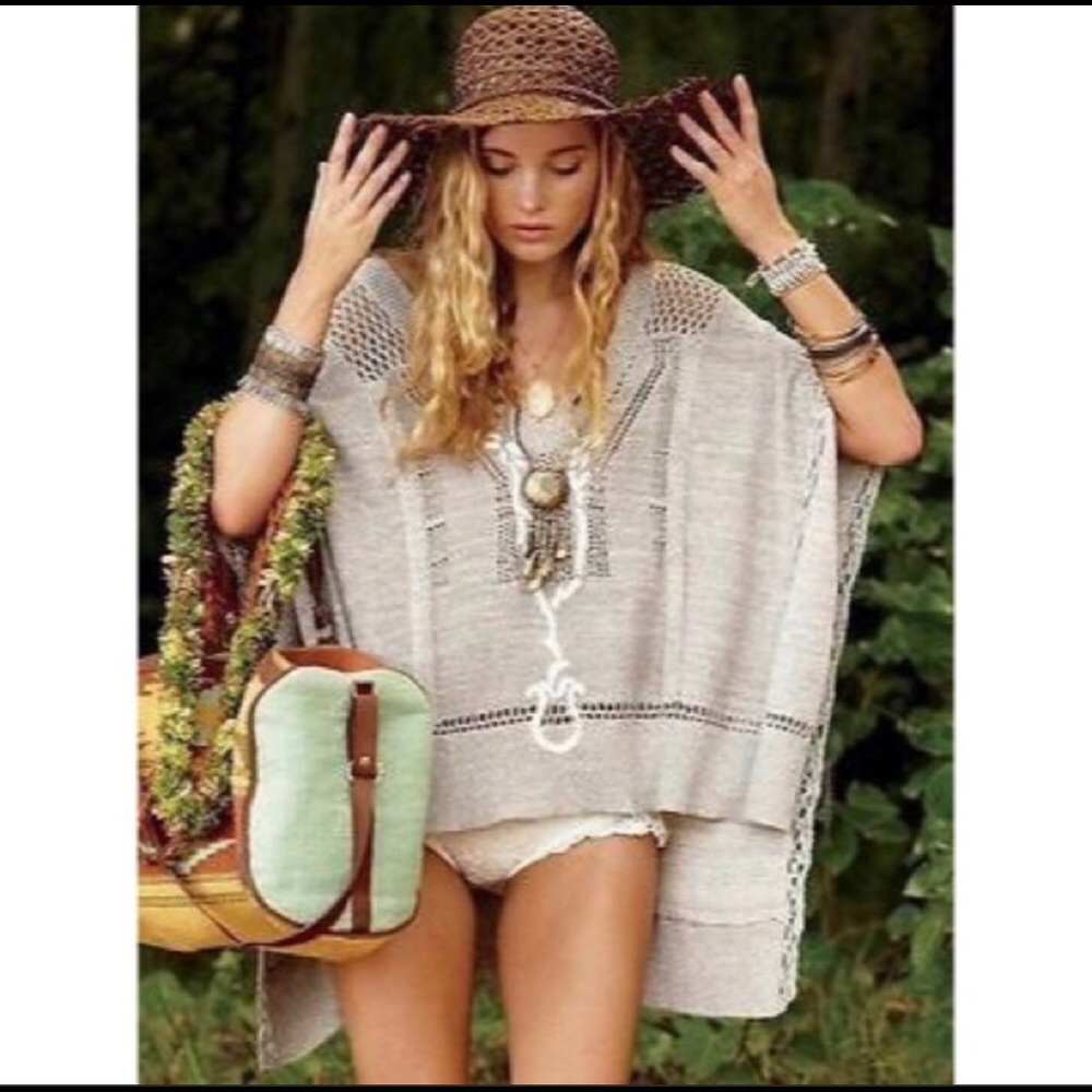 Vintage Free People Silk & Cotton Blend Oatmeal Poncho Cape Onesize